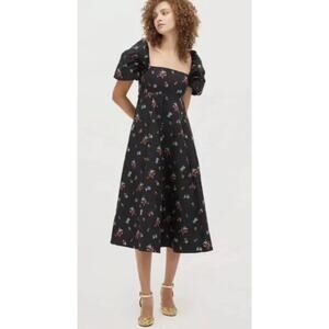 Hill House Home Matilda Midi Dress Black Floral Taffeta Wedding Guest Sz Small